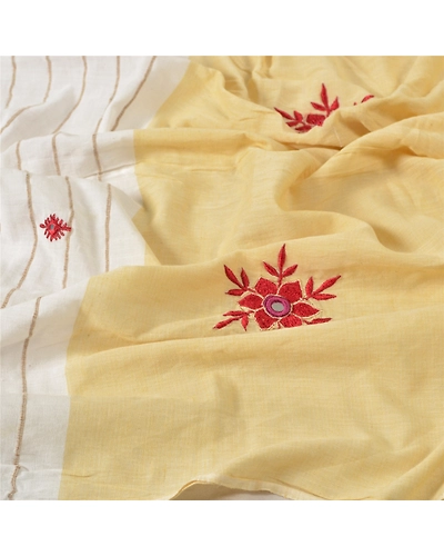 Sanskriti Vintage Dupatta Long Stole Pure Cotton Cream Embroidered Wrap Hijab DC-46375-Shade Of Cream-Mirror Work-Pure Cotton-6