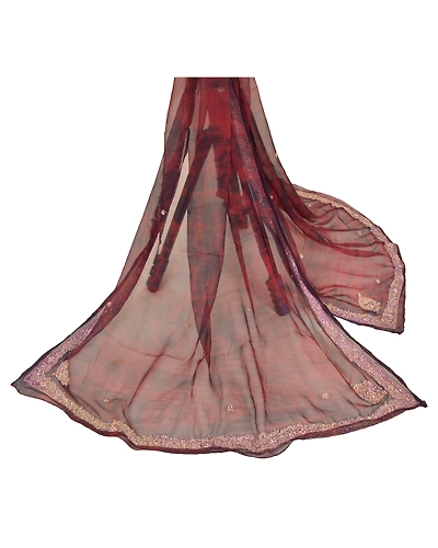 Sanskriti Vintage Dupatta Long Stole Pure Chiffon Silk Hand Beaded Tie- Dye Veil DC-46401-Dark Red &amp; Purple-Dabka Work-Pure Chiffon Silk-2