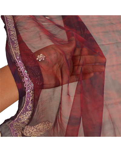 Sanskriti Vintage Dupatta Long Stole Pure Chiffon Silk Hand Beaded Tie- Dye Veil DC-46401-Dark Red &amp; Purple-Dabka Work-Pure Chiffon Silk-5