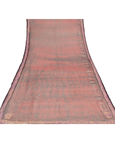 Sanskriti Vintage Dupatta Long Stole Pure Chiffon Silk Hand Beaded Tie- Dye Veil DC-46401-Dark Red &amp; Purple-Dabka Work-Pure Chiffon Silk-7
