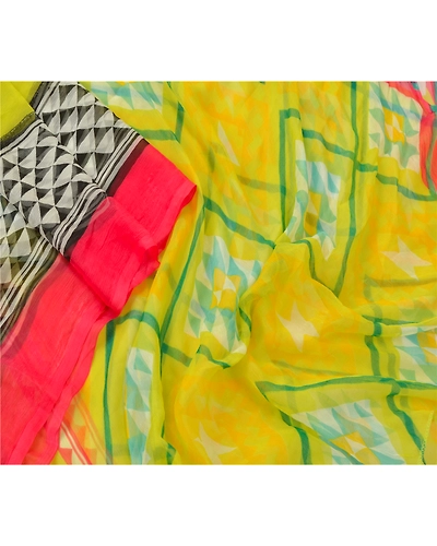 Sanskriti Vintage Dupatta Long Stole Pure Chiffon Silk Neon Green Printed Veil DC-46403-Neon Green-Printed Work-Pure Chiffon Silk-3