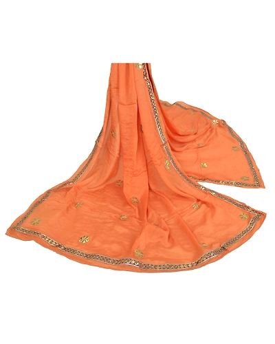 Sanskriti Vintage Dupatta Long Stole Pure Silk Saffron Handmade Gota Patti Veil DC-46441-Saffron-Gota Patti Work-Pure Silk-2