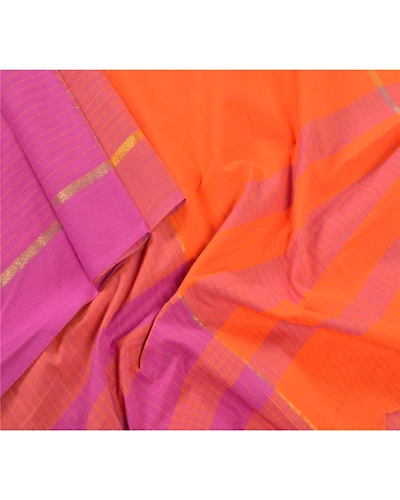 Sanskriti Vintage Dupatta Long Stole Pure Cotton Woven Chettinard Orange Hijab DC-46507-Orange &amp; Purple-Woven Work-Pure Cotton-3