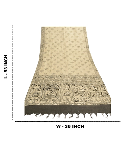 Sanskriti Vintage Dupatta Long Stole Cotton Cream Printed Madhubani Wrap Shawl DC-46563-Cream &amp; Black-Printed Work-Cotton-1