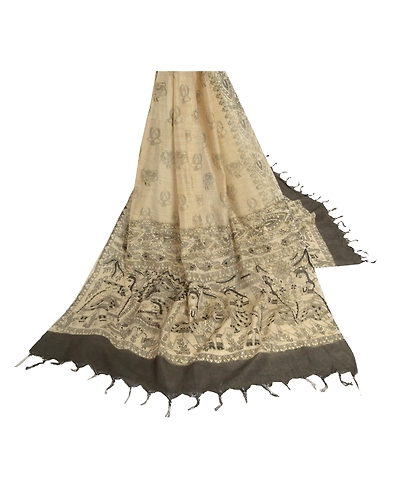 Sanskriti Vintage Dupatta Long Stole Cotton Cream Printed Madhubani Wrap Shawl DC-46563-Cream &amp; Black-Printed Work-Cotton-2