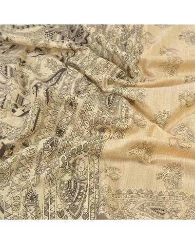 Sanskriti Vintage Dupatta Long Stole Cotton Cream Printed Madhubani Wrap Shawl DC-46563-Cream &amp; Black-Printed Work-Cotton-6