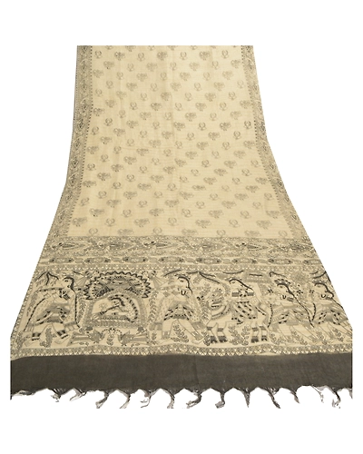Sanskriti Vintage Dupatta Long Stole Cotton Cream Printed Madhubani Wrap Shawl DC-46563-Cream &amp; Black-Printed Work-Cotton-7