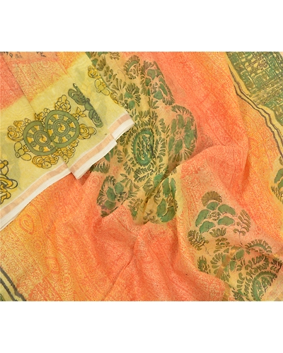 Sanskriti Vintage Dupatta Long Stole Tussar Cream Scarves Printed Floral Hijab DC-46634-Cream &amp; Green-Printed Work-Tussar-3