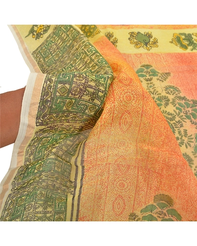Sanskriti Vintage Dupatta Long Stole Tussar Cream Scarves Printed Floral Hijab DC-46634-Cream &amp; Green-Printed Work-Tussar-5