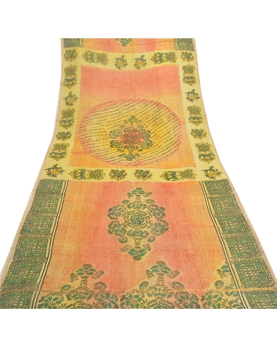 Sanskriti Vintage Dupatta Long Stole Tussar Cream Scarves Printed Floral Hijab DC-46634-Cream &amp; Green-Printed Work-Tussar-7