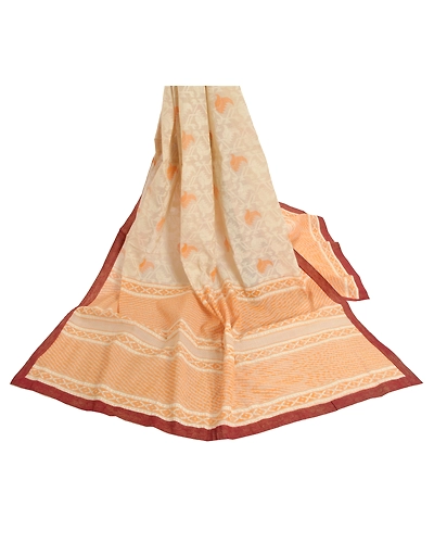 Sanskriti Vintage Dupatta Long Stole Cream Cotton Shawl Printed Work Scarves DC-46671-Cream &amp; Orange-Printed Work-Cotton-2