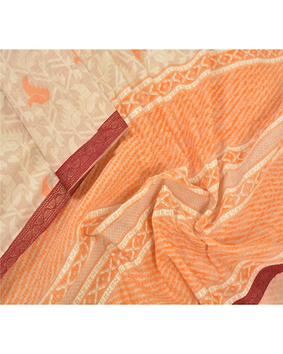 Sanskriti Vintage Dupatta Long Stole Cream Cotton Shawl Printed Work Scarves DC-46671-Cream &amp; Orange-Printed Work-Cotton-3