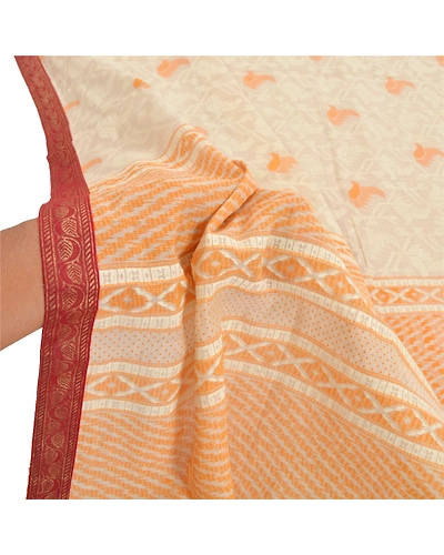 Sanskriti Vintage Dupatta Long Stole Cream Cotton Shawl Printed Work Scarves DC-46671-Cream &amp; Orange-Printed Work-Cotton-5