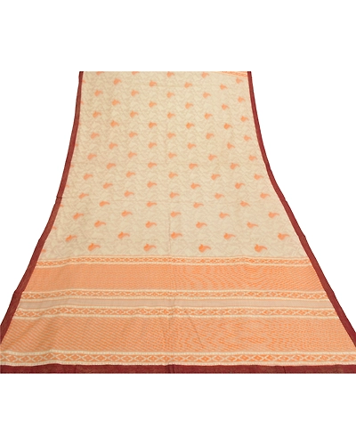Sanskriti Vintage Dupatta Long Stole Cream Cotton Shawl Printed Work Scarves DC-46671-Cream &amp; Orange-Printed Work-Cotton-7