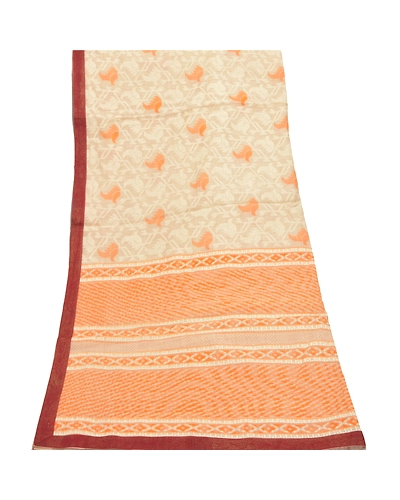 Sanskriti Vintage Dupatta Long Stole Cream Cotton Shawl Printed Work Scarves DC-46671-Cream &amp; Orange-Printed Work-Cotton-8
