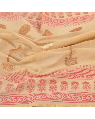 Sanskriti Vintage Dupatta Long Stole Khadi Handloom Cream Block Printed Scarves DC-46696-Cream-Block Printed &amp; Embroidered-Khadi Handloom-6