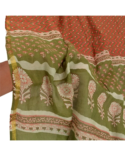 Sanskriti Vintage Dupatta Long Stole Chanderi Rusty Orange Printed Scarves DC-46774-Rusty Orange &amp; Green-Printed Work-Chanderi-5