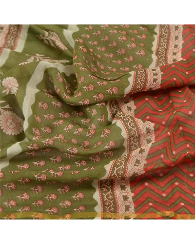 Sanskriti Vintage Dupatta Long Stole Chanderi Rusty Orange Printed Scarves DC-46774-Rusty Orange &amp; Green-Printed Work-Chanderi-6