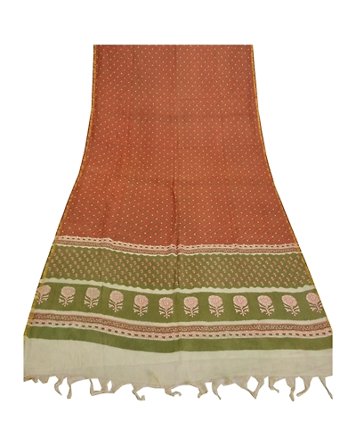 Sanskriti Vintage Dupatta Long Stole Chanderi Rusty Orange Printed Scarves DC-46774-Rusty Orange &amp; Green-Printed Work-Chanderi-7