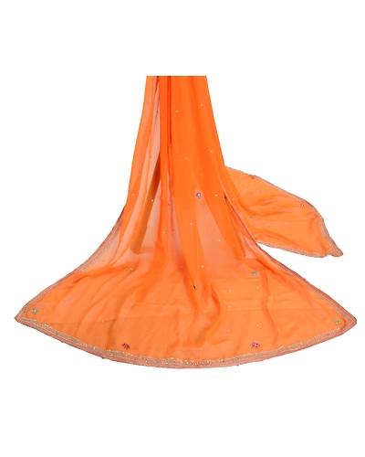 Sanskriti Vintage Dupatta Long Stole Georgette Orange Veil Hand Beaded Scarves DC-46776-Orange-Sequins Work-Georgette-2