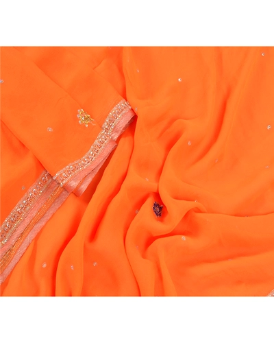Sanskriti Vintage Dupatta Long Stole Georgette Orange Veil Hand Beaded Scarves DC-46776-Orange-Sequins Work-Georgette-3