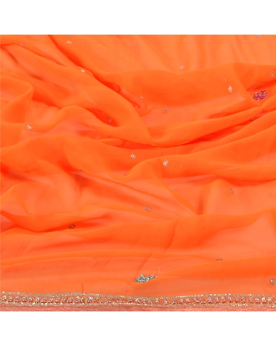 Sanskriti Vintage Dupatta Long Stole Georgette Orange Veil Hand Beaded Scarves DC-46776-Orange-Sequins Work-Georgette-6