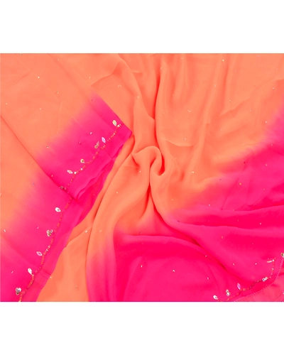 Sanskriti Vintage Dupatta Long Stole Georgette Pink Veil Hand Beaded Scarves DC-46833-Pink &amp; Peach-Sequins Work-Georgette-3