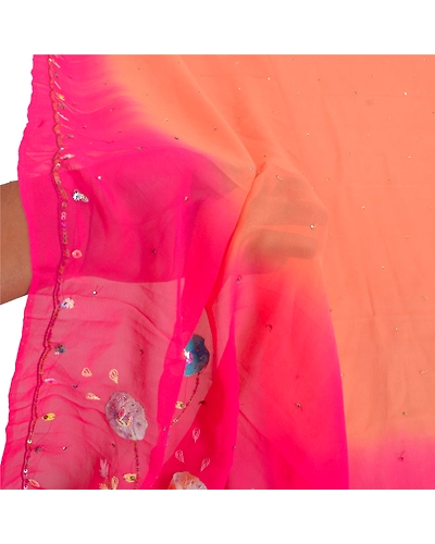 Sanskriti Vintage Dupatta Long Stole Georgette Pink Veil Hand Beaded Scarves DC-46833-Pink &amp; Peach-Sequins Work-Georgette-5
