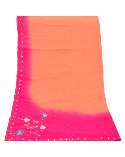 Sanskriti Vintage Dupatta Long Stole Georgette Pink Veil Hand Beaded Scarves DC-46833-Pink &amp; Peach-Sequins Work-Georgette-8