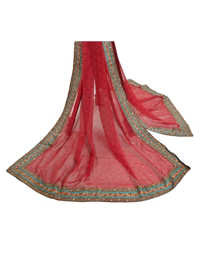 Sanskriti Vintage Dupatta Long Stole Georgette Red Hand Embroidered Scarves DC-46859-Red-Printed Work-Georgette-2