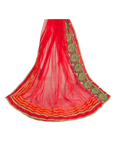Sanskriti Vintage Dupatta Long Stole Net Mesh Red Hand Beaded Rhinestone Scarves DC-46860-Red-Rhinestone Work-Net Mesh-2