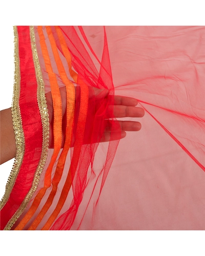 Sanskriti Vintage Dupatta Long Stole Net Mesh Red Hand Beaded Rhinestone Scarves DC-46860-Red-Rhinestone Work-Net Mesh-5