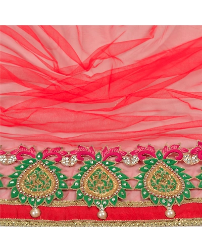 Sanskriti Vintage Dupatta Long Stole Net Mesh Red Hand Beaded Rhinestone Scarves DC-46860-Red-Rhinestone Work-Net Mesh-6