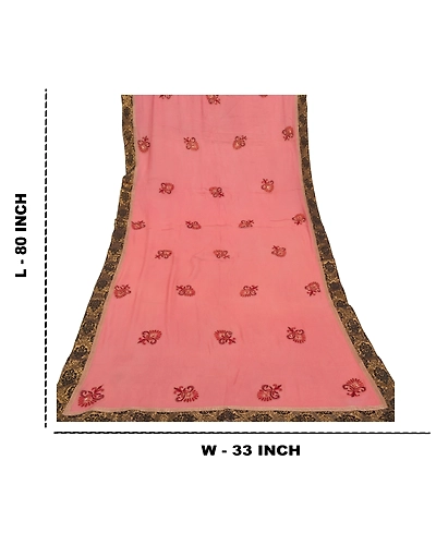 Sanskriti Vintage Dupatta Long Stole Georgette Peach Hand Beaded Wrap Scarves DC-46930-Shade Of Peach-Patch Work-Georgette-1