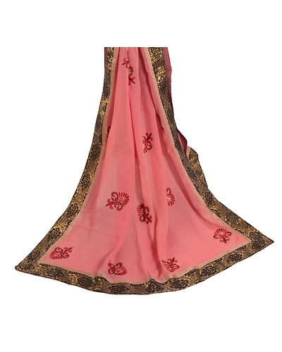 Sanskriti Vintage Dupatta Long Stole Georgette Peach Hand Beaded Wrap Scarves DC-46930-Shade Of Peach-Patch Work-Georgette-2