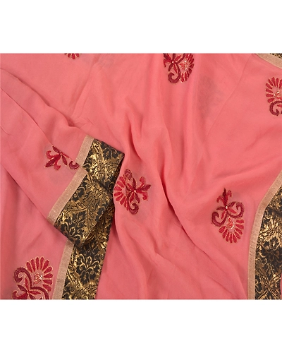 Sanskriti Vintage Dupatta Long Stole Georgette Peach Hand Beaded Wrap Scarves DC-46930-Shade Of Peach-Patch Work-Georgette-3