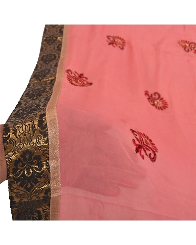 Sanskriti Vintage Dupatta Long Stole Georgette Peach Hand Beaded Wrap Scarves DC-46930-Shade Of Peach-Patch Work-Georgette-5