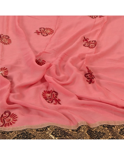 Sanskriti Vintage Dupatta Long Stole Georgette Peach Hand Beaded Wrap Scarves DC-46930-Shade Of Peach-Patch Work-Georgette-6