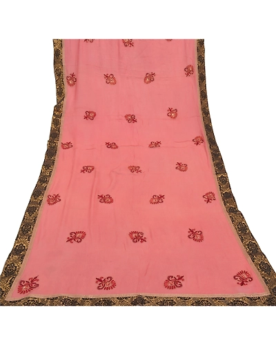 Sanskriti Vintage Dupatta Long Stole Georgette Peach Hand Beaded Wrap Scarves DC-46930-Shade Of Peach-Patch Work-Georgette-7
