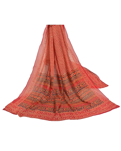 Sanskriti Vintage Dupatta Long Stole Georgette Red Hand Beaded Kantha Hijab DC-46949-Red &amp; Blue-Thread Work-Georgette-2