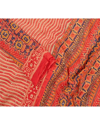 Sanskriti Vintage Dupatta Long Stole Georgette Red Hand Beaded Kantha Hijab DC-46949-Red &amp; Blue-Thread Work-Georgette-3