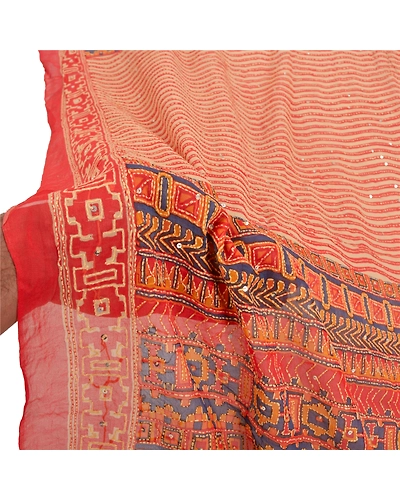 Sanskriti Vintage Dupatta Long Stole Georgette Red Hand Beaded Kantha Hijab DC-46949-Red &amp; Blue-Thread Work-Georgette-5