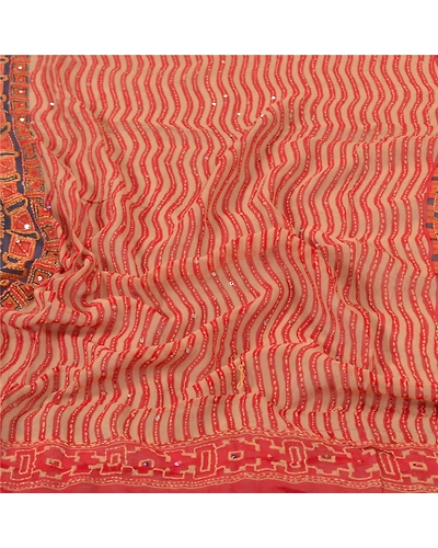 Sanskriti Vintage Dupatta Long Stole Georgette Red Hand Beaded Kantha Hijab DC-46949-Red &amp; Blue-Thread Work-Georgette-6