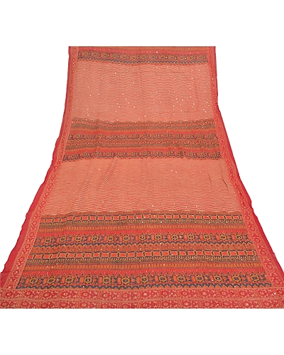 Sanskriti Vintage Dupatta Long Stole Georgette Red Hand Beaded Kantha Hijab DC-46949-Red &amp; Blue-Thread Work-Georgette-7