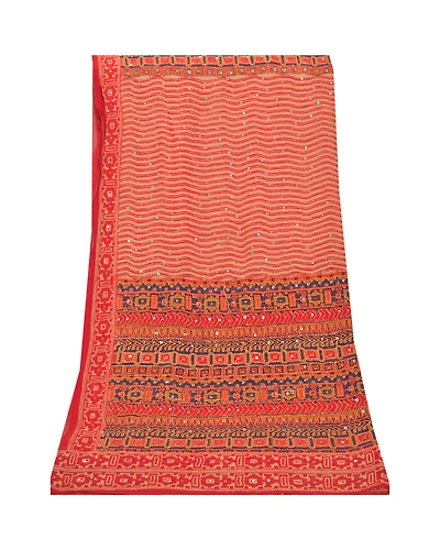 Sanskriti Vintage Dupatta Long Stole Georgette Red Hand Beaded Kantha Hijab DC-46949-Red &amp; Blue-Thread Work-Georgette-8
