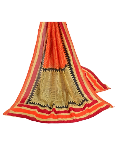 Sanskriti Vintage Dupatta Long Stole Chanderi Orange Hijab Block Printed Scarves DC-46969-Orange-Block Printed Work-Chanderi-2