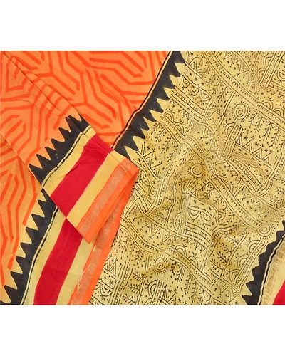 Sanskriti Vintage Dupatta Long Stole Chanderi Orange Hijab Block Printed Scarves DC-46969-Orange-Block Printed Work-Chanderi-3