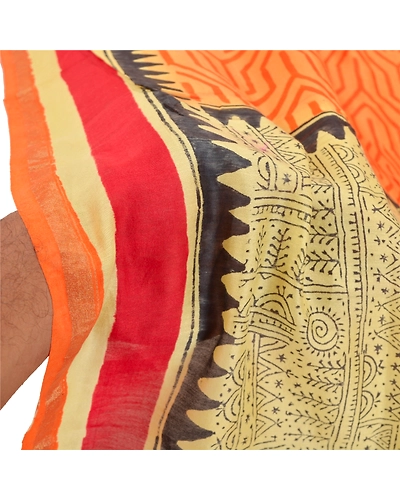 Sanskriti Vintage Dupatta Long Stole Chanderi Orange Hijab Block Printed Scarves DC-46969-Orange-Block Printed Work-Chanderi-5
