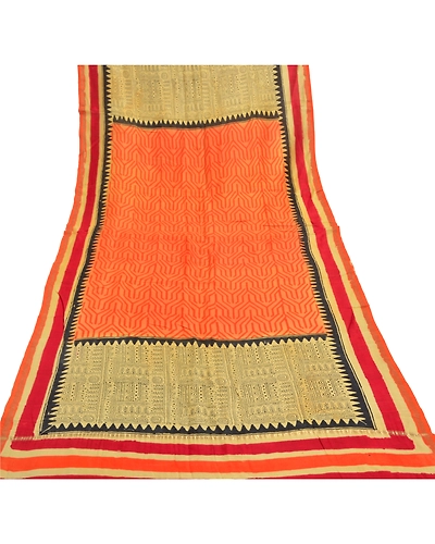 Sanskriti Vintage Dupatta Long Stole Chanderi Orange Hijab Block Printed Scarves DC-46969-Orange-Block Printed Work-Chanderi-7