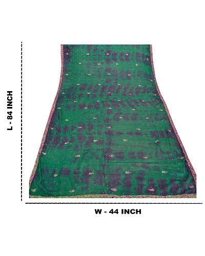 Sanskriti Vintage Dupatta Long Stole Pure Silk Green Hand Beaded Tie- Dye Veil DC-47007-Green &amp; Blue-Sequins Work-Pure Silk-1